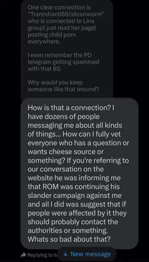 Chat screenshot where eatrawmeat denies responsibility for fully vetting people and says people should contact the authorities.
