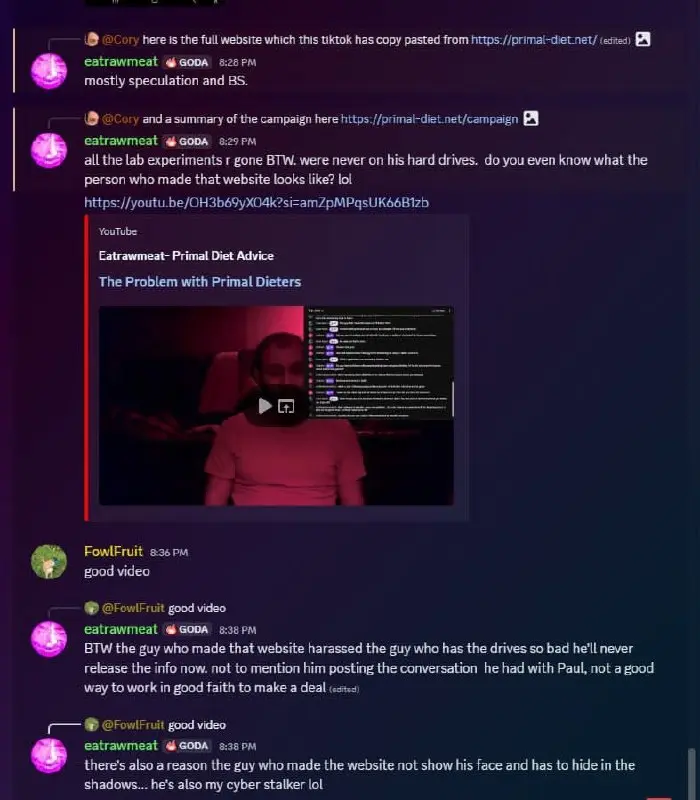 Chat screenshot from January 8 where eatrawmeat calls the website speculation and BS and says the person who made it is harassing him.