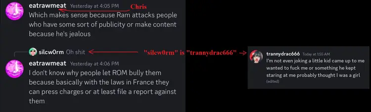 Wider Discord capture showing the same Chris message on the left and the silcw0rm to trannydrac666 linkage on the right.