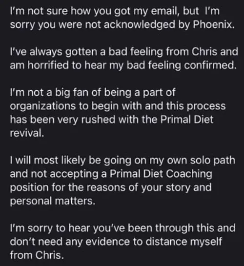 Message screenshot from someone saying they had a bad feeling from Chris and would not accept a Primal Diet Coaching position.