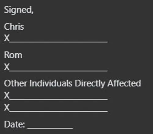 Screenshot of the contract sent by Kimberly, showing the signature section
