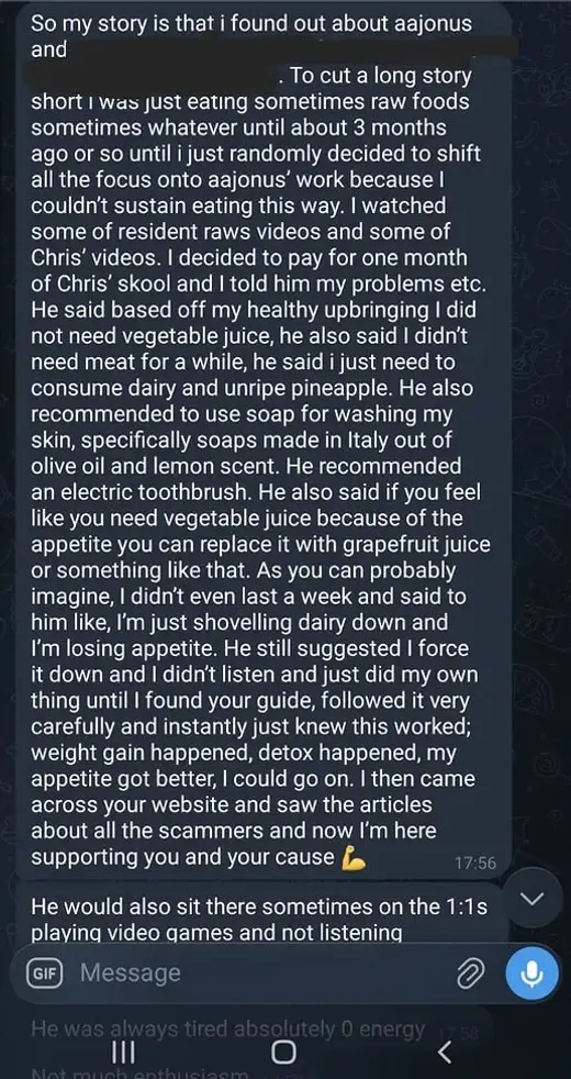 Chat screenshot where someone says Chris' advice did not work, then the public guide worked quickly and improved weight, detox, and appetite.